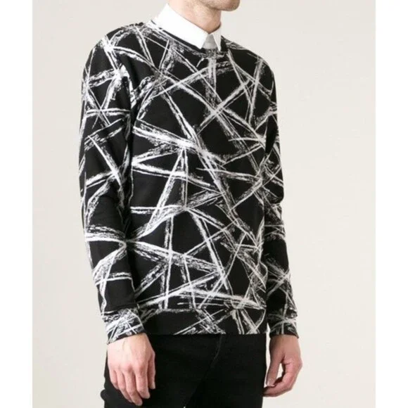 ALEXANDER MCQUEEN MCQ Sweater Men Small Abstract Black White Silk Cotton Preppy - Picture 3 of 11